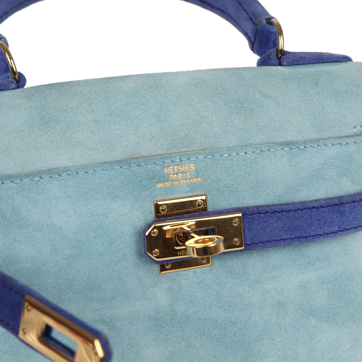 Vintage Kelly Sellier 20 Bleu Electric and Aqua Doblis Gold Hardware