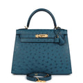 Kelly Sellier 28 Cobalt Ostrich Gold Hardware