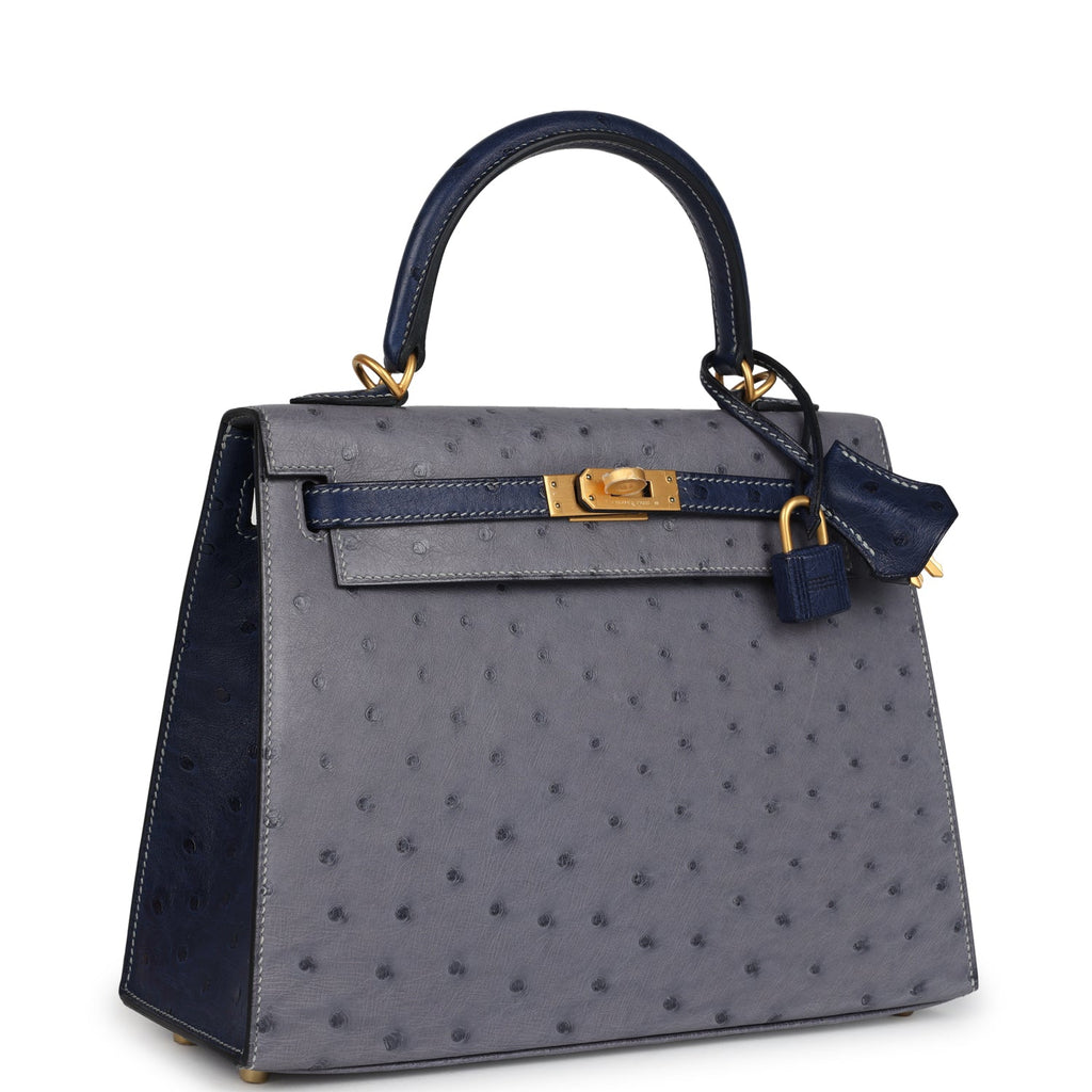 Special Order (HSS) Kelly Sellier 25 Gris Agate and Bleu Iris Ostrich Brushed Gold Hardware