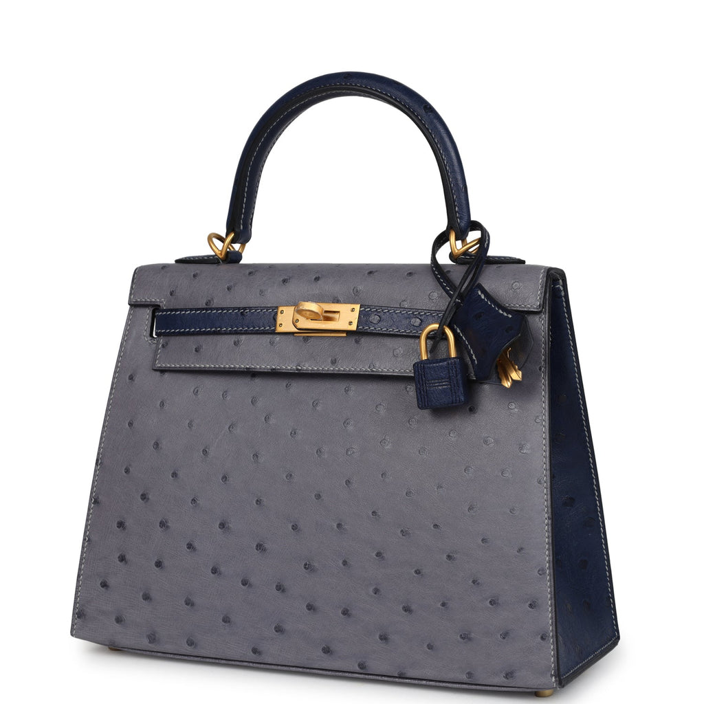 Special Order (HSS) Kelly Sellier 25 Gris Agate and Bleu Iris Ostrich Brushed Gold Hardware