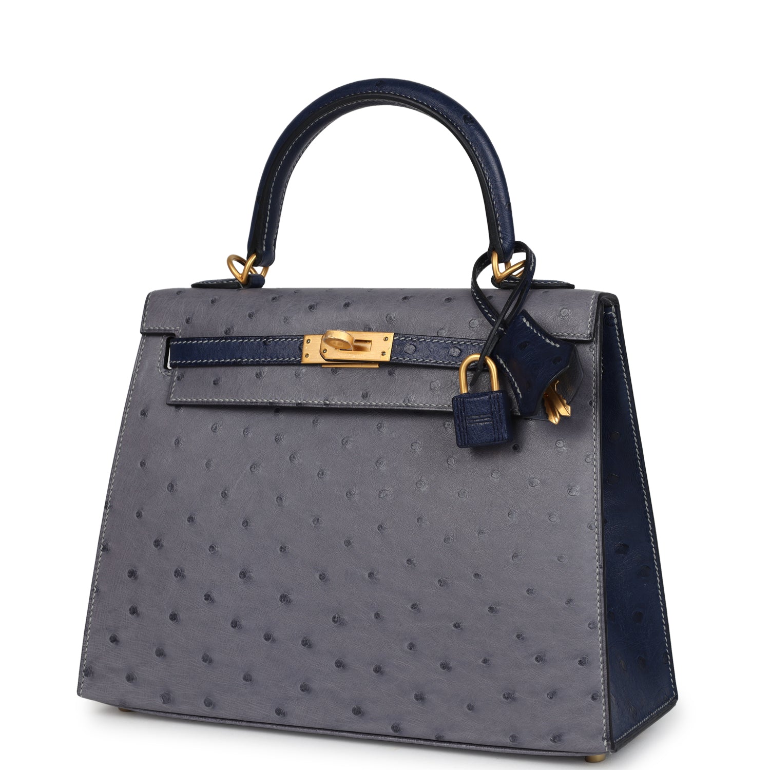 Special Order (HSS) Kelly Sellier 25 Gris Agate and Bleu Iris Ostrich Brushed Gold Hardware