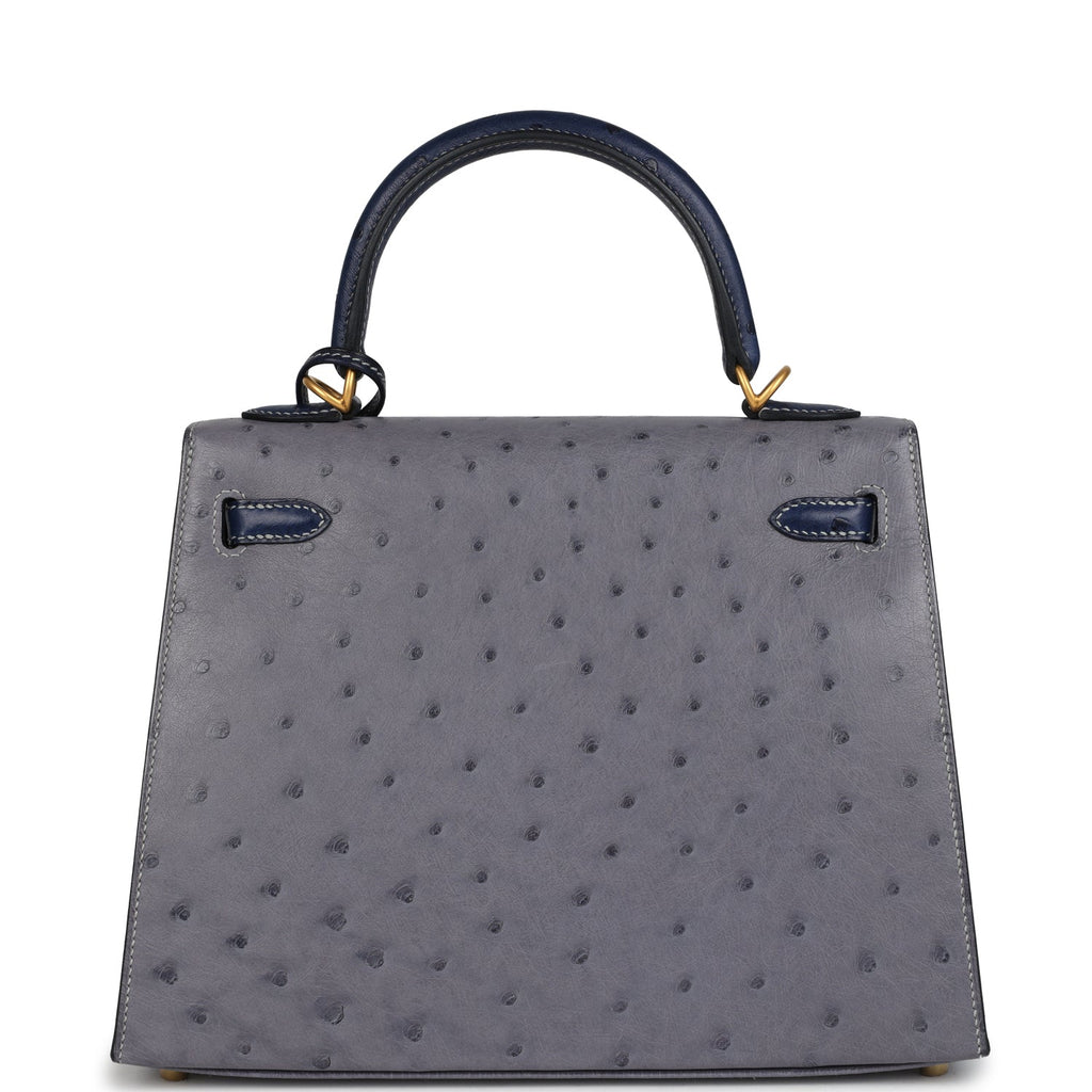 Special Order (HSS) Kelly Sellier 25 Gris Agate and Bleu Iris Ostrich Brushed Gold Hardware