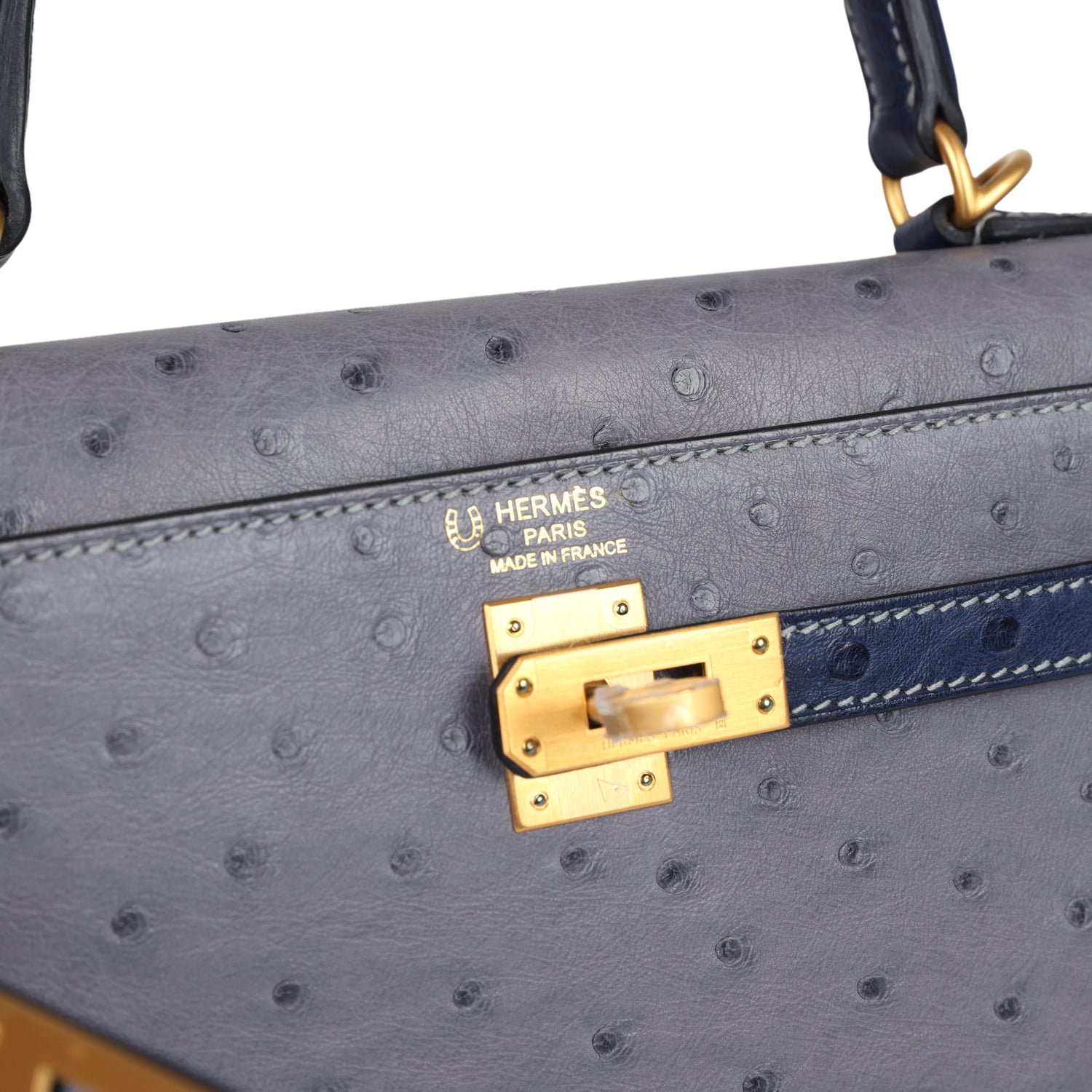 Special Order (HSS) Kelly Sellier 25 Gris Agate and Bleu Iris Ostrich Brushed Gold Hardware