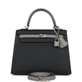 Special Order (HSS) Kelly Sellier 25 Black and Gris Mouette Epsom Brushed Gold Hardware