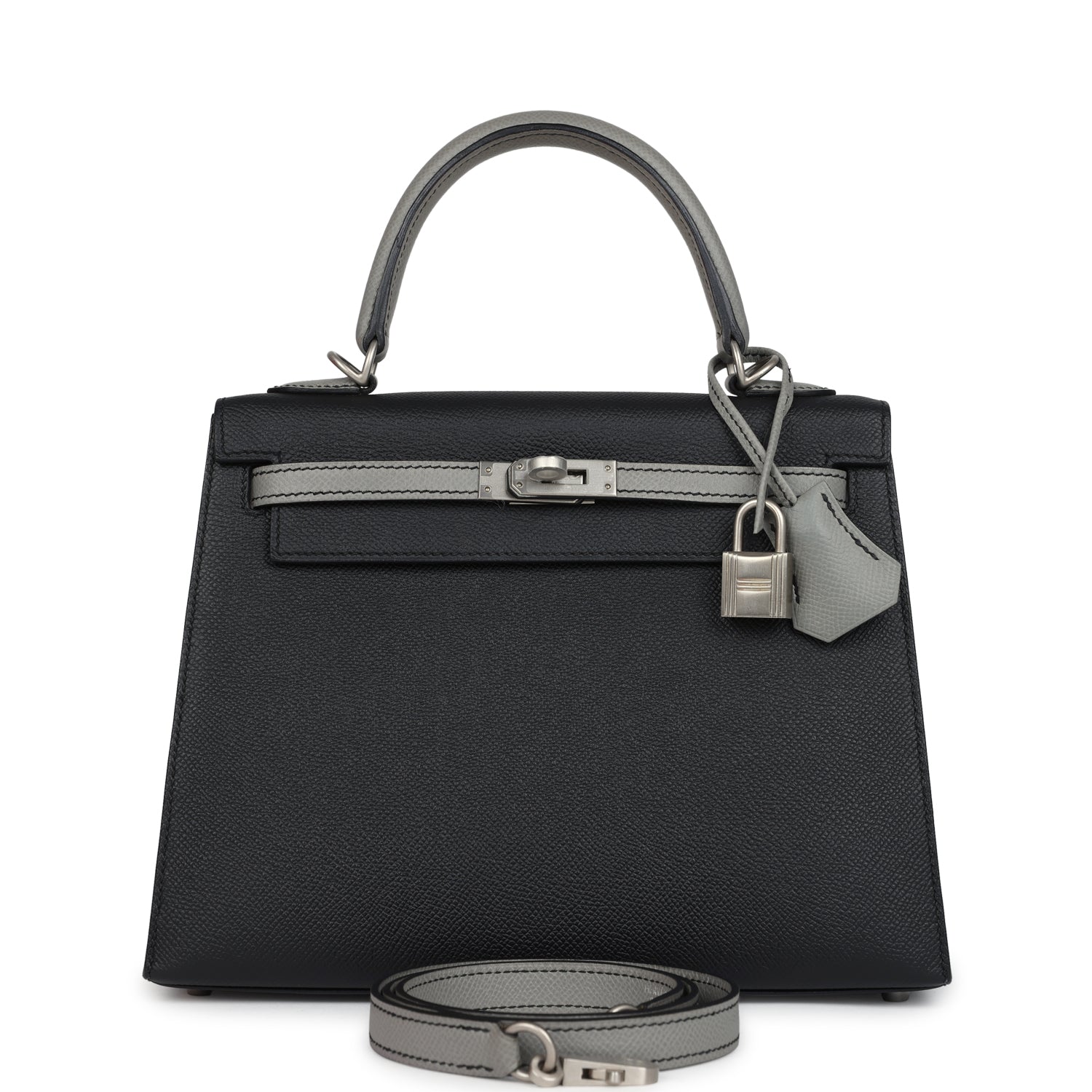 Special Order (HSS) Kelly Sellier 25 Black and Gris Mouette Epsom Brushed Gold Hardware