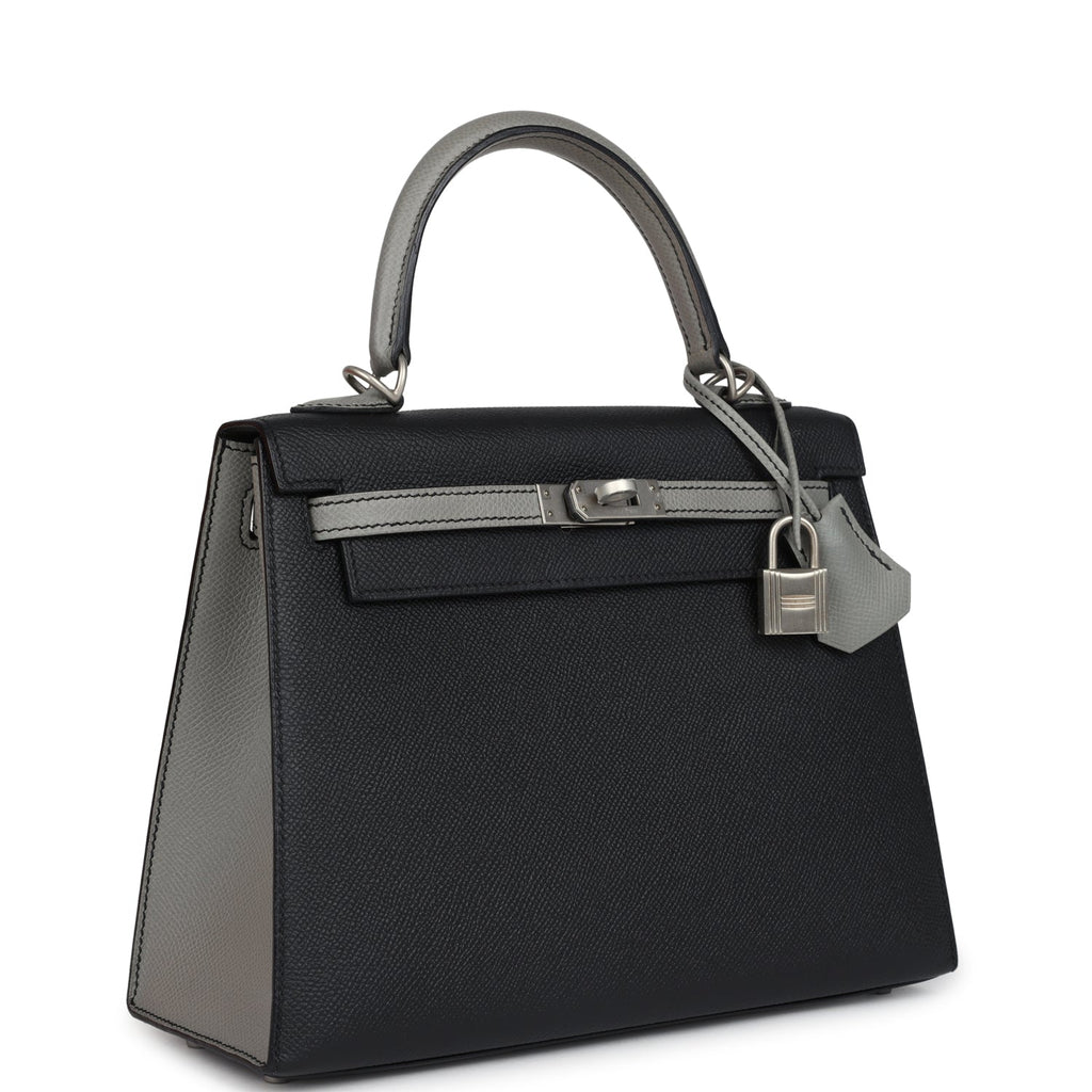 Special Order (HSS) Kelly Sellier 25 Black and Gris Mouette Epsom Brushed Gold Hardware