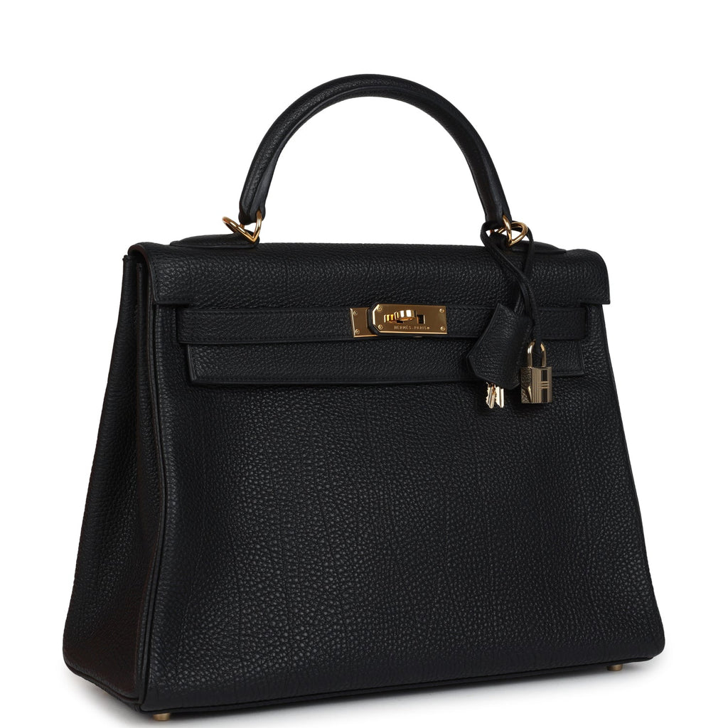 Vintage Kelly Retourne 32 Black Fjord Gold Hardware