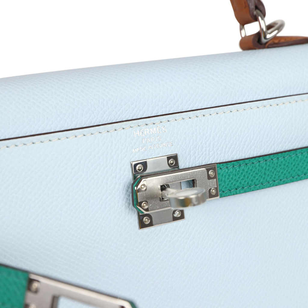 Kelly Sellier 25 Tri-Color Bleu Brume, Gold and Vert Jade Epsom Epsom Palladium Hardware