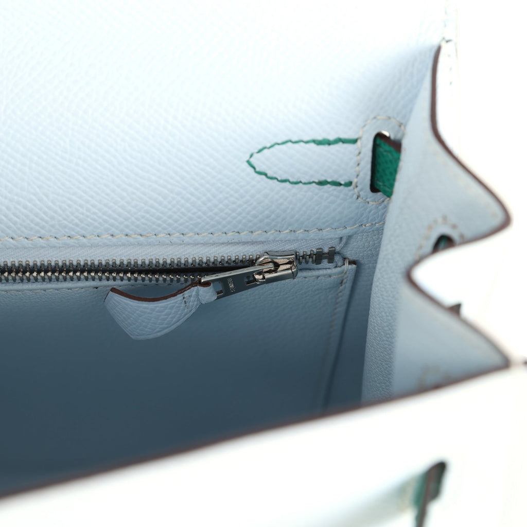 Kelly Sellier 25 Tri-Color Bleu Brume, Gold and Vert Jade Epsom Epsom Palladium Hardware