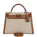 Vintage Kelly Sellier 32 Gold Courchevel and Ecru-Beige Toile H Canvas Gold Hardware