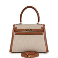 Vintage Kelly Sellier 20 Gold Courchevel and Ecru-Beige Toile H Canvas Gold Hardware