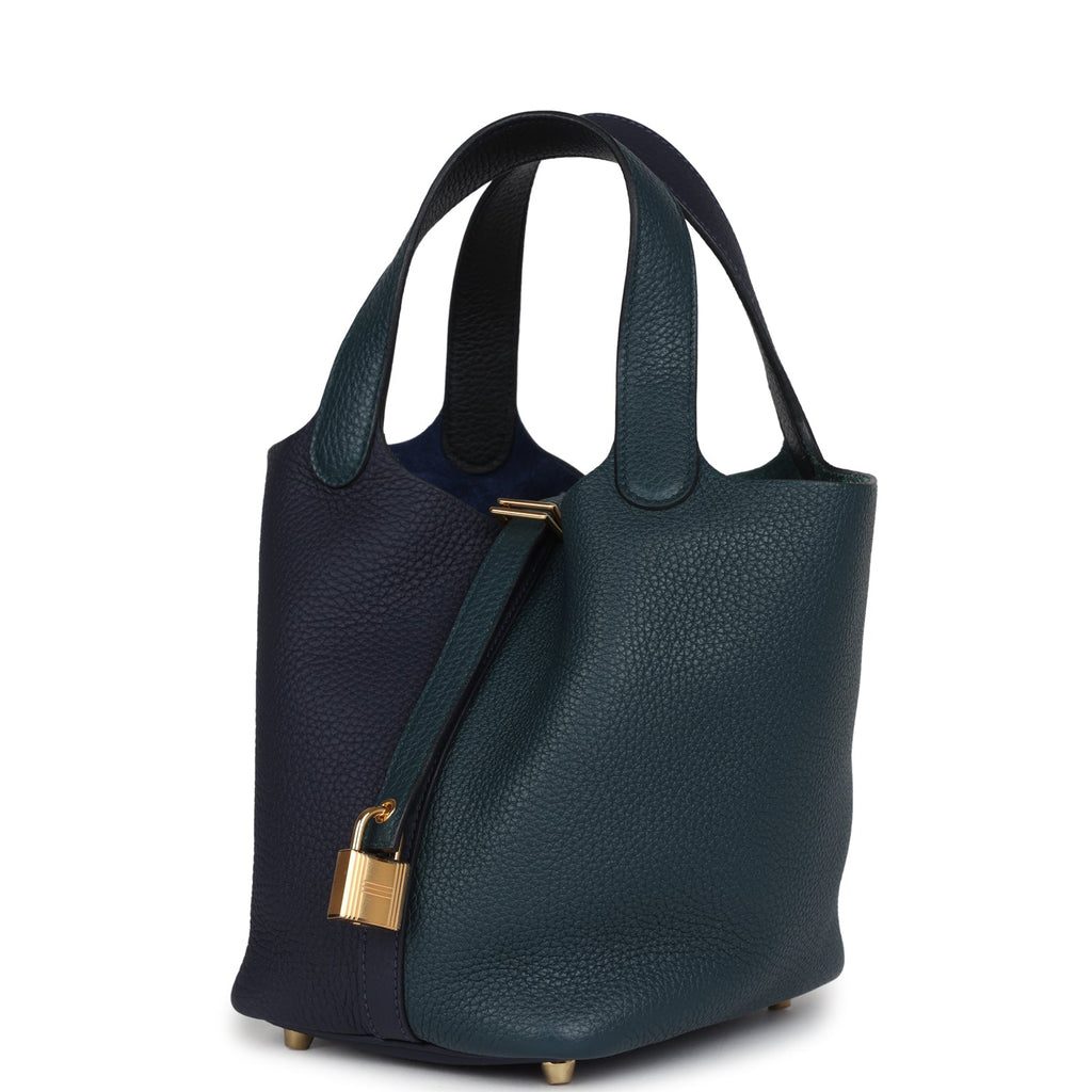 Picotin Lock 18 Casaque Bleu Nuit and Vert Cypress Clemence Gold Hardware