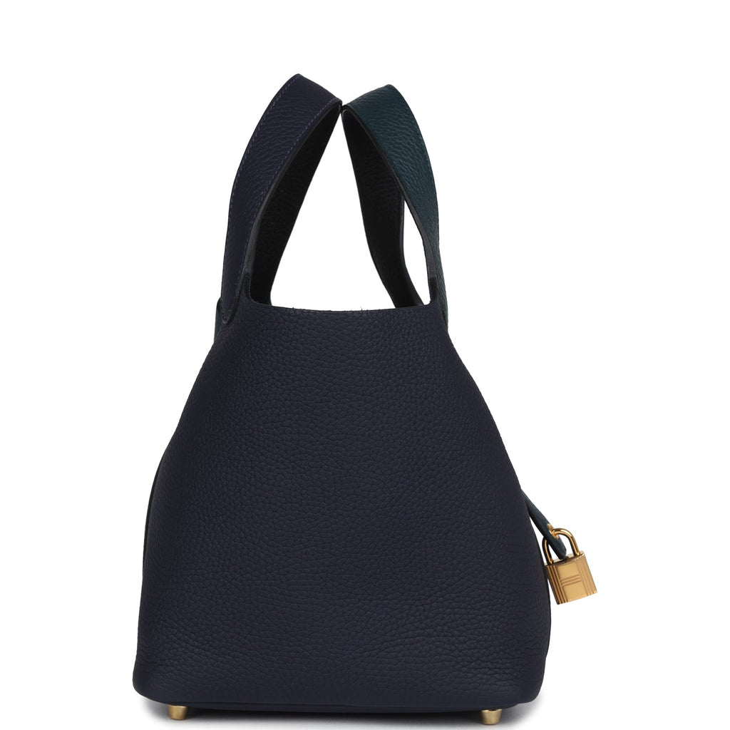 Picotin Lock 18 Casaque Bleu Nuit and Vert Cypress Clemence Gold Hardware