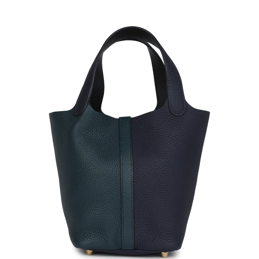 Picotin Lock 18 Casaque Bleu Nuit and Vert Cypress Clemence Gold Hardware