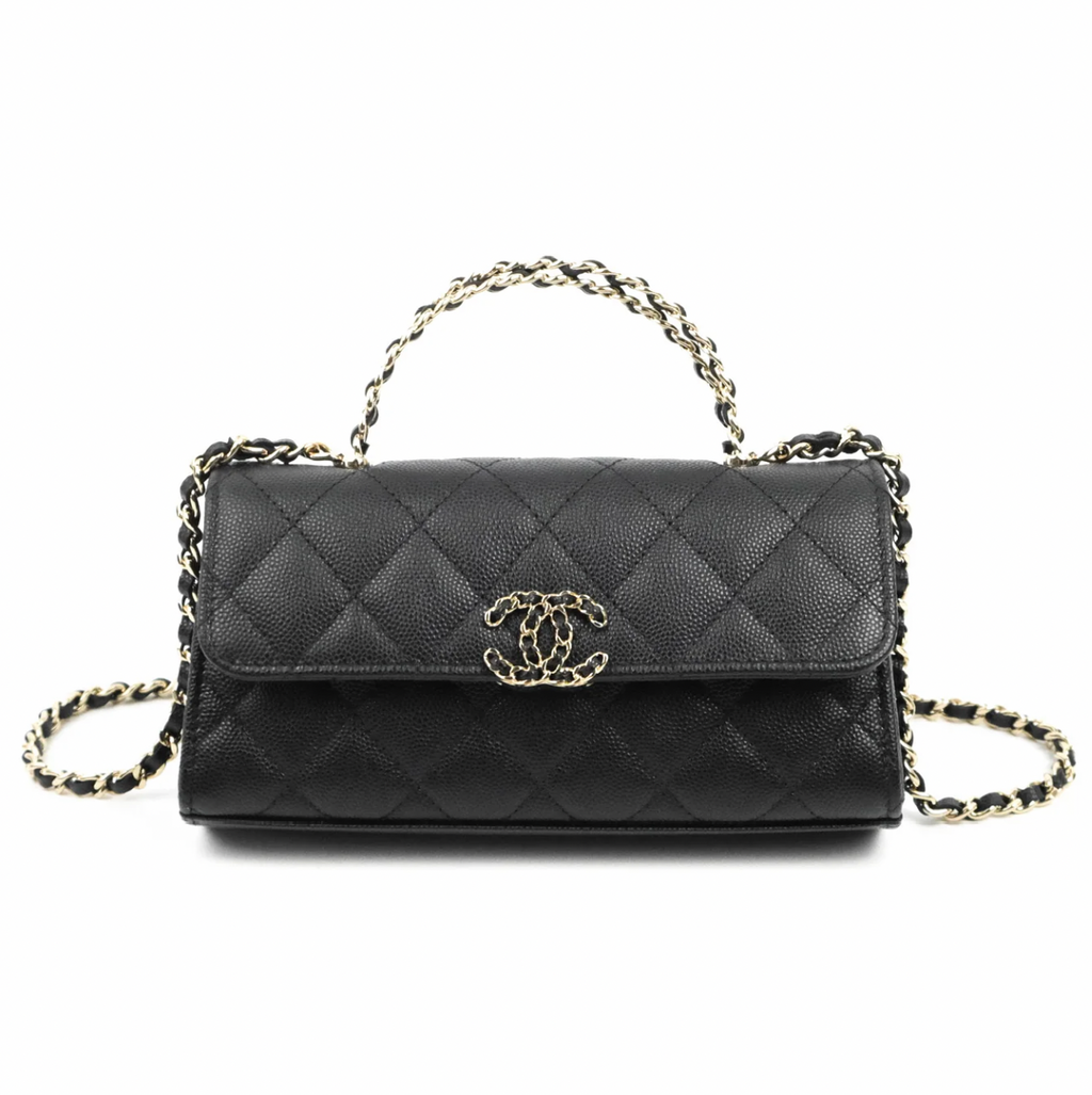 Top Handle Clutch with Chain Black Caviar Light Gold Hardware 23P