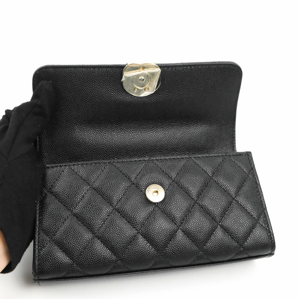 Top Handle Clutch with Chain Black Caviar Light Gold Hardware 23P