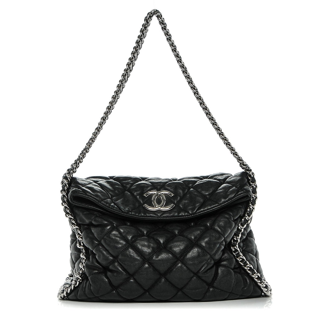 Washed Lambskin Chain Around Hobo Black