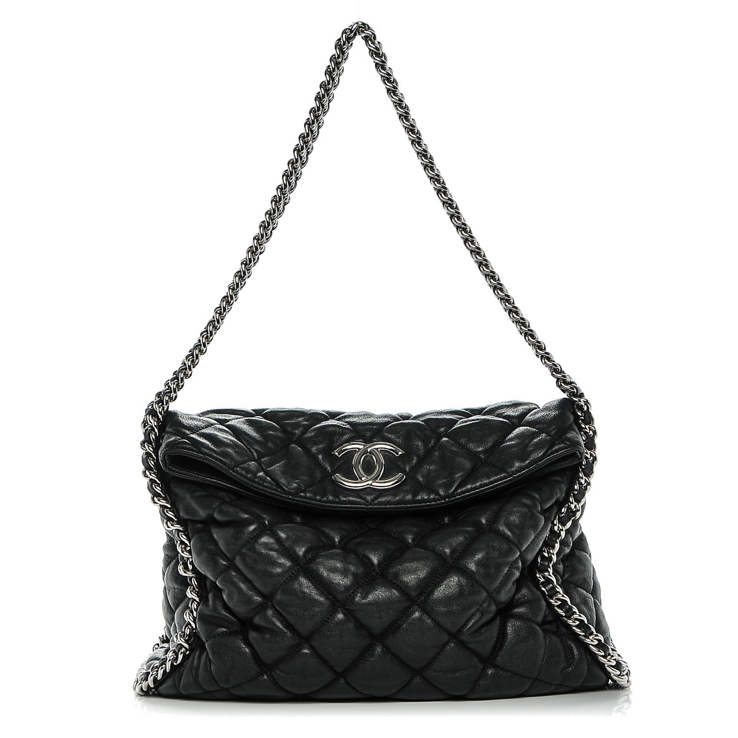 Washed Lambskin Chain Around Hobo Black