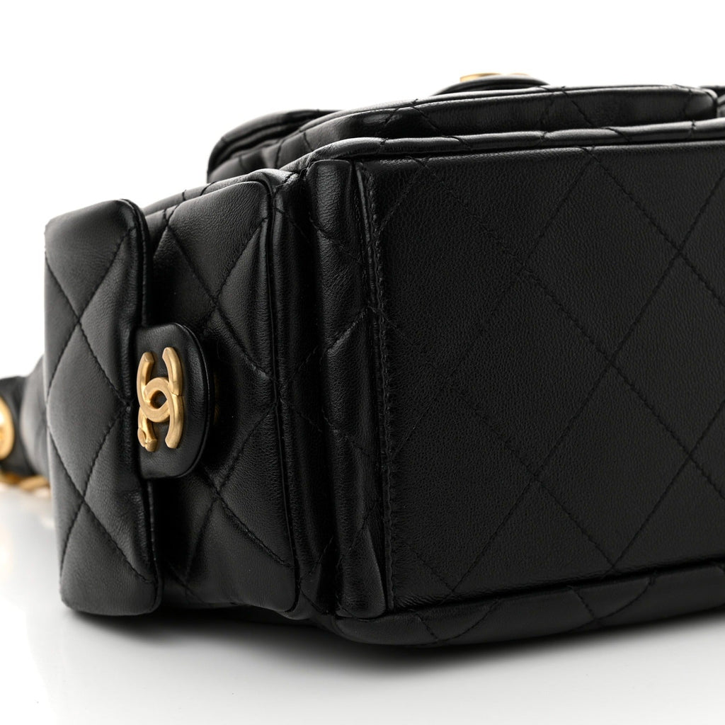 Shiny Lambskin Quilted Trendy Pockets Hobo Black